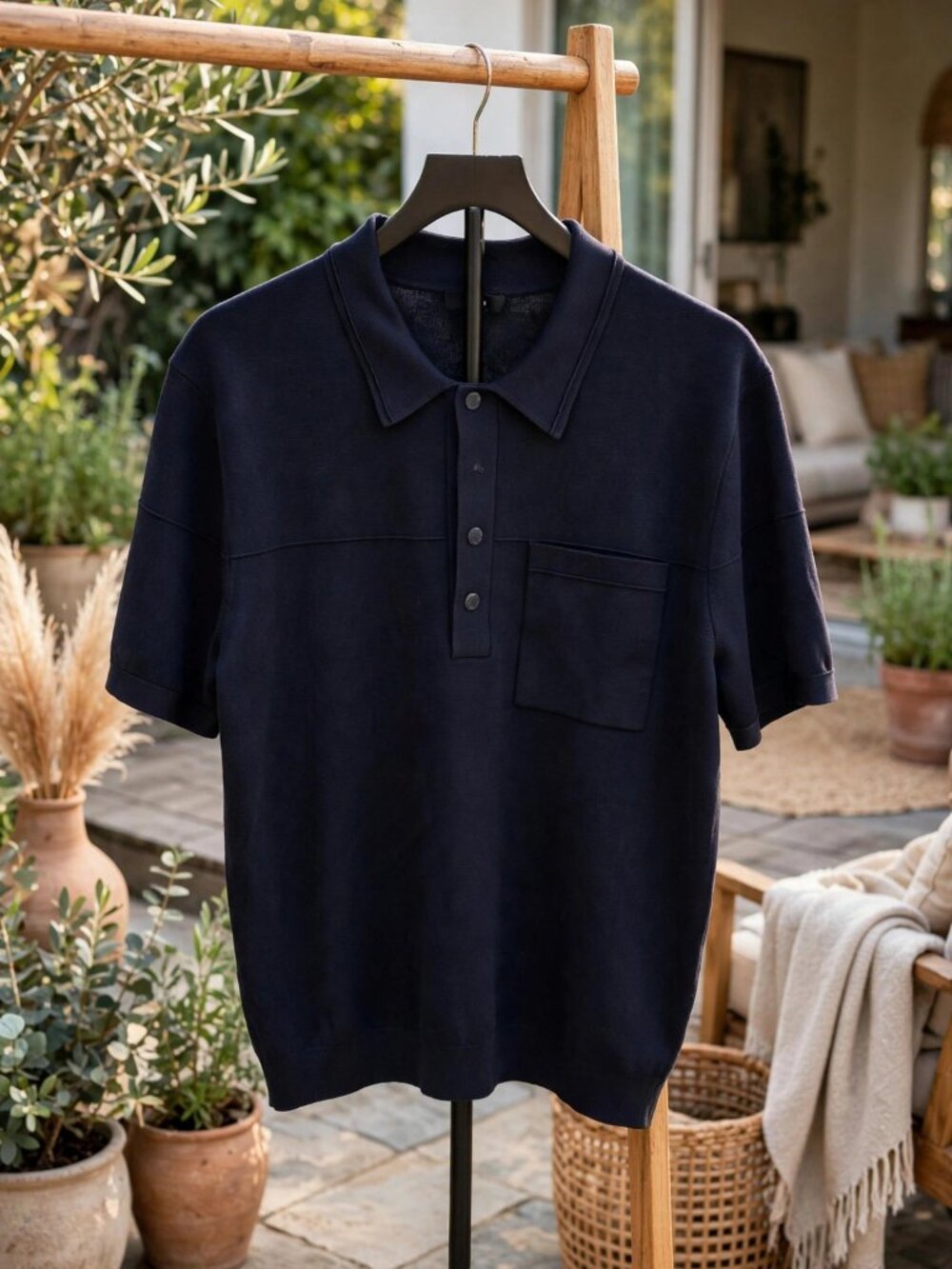 Reiss Men's Navy Knit Polo Shirt Snap Placket Chest Pocket L